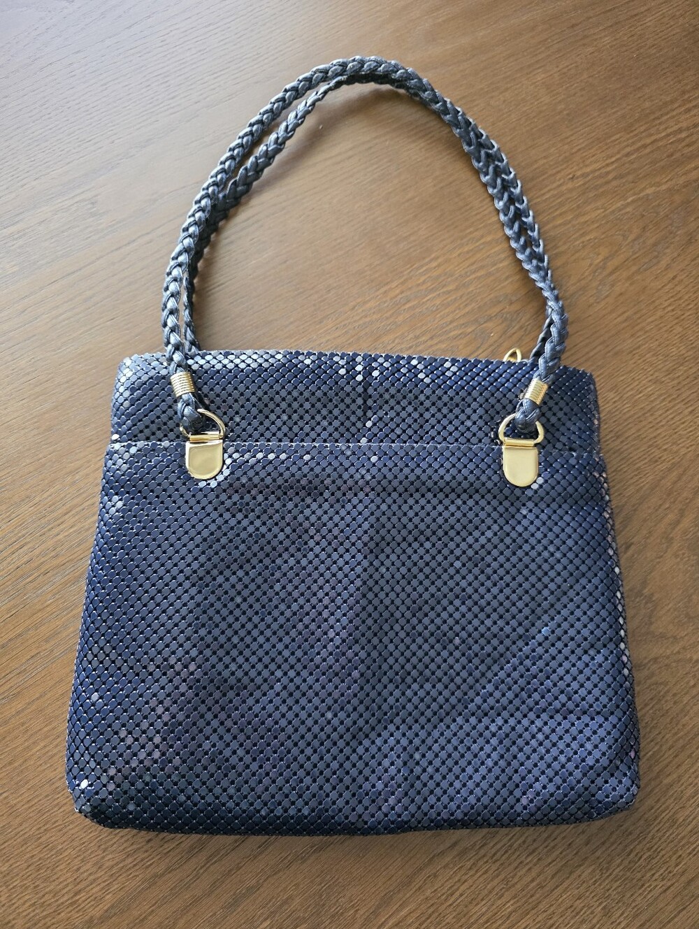 Vintage 1970s Bags By Marla Navy Blue Metal Mesh Bag With Gold Hardware